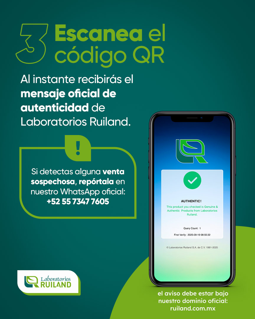 Escanea el código QR y verifica que te dé un mensaje de autenticidad en ruiland.com.mx